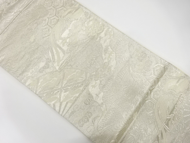 アンティーク　純銀箔　扇に鳳凰・流水模様織り出し袋帯（着用可）